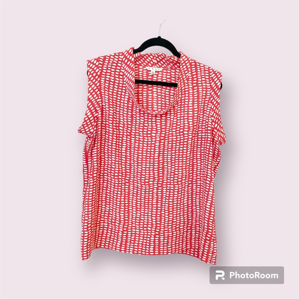 #294 - CAbi Madeleine Red Abstract Dot Blouse - Women’s Drape Neck Top L